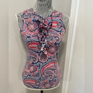 Lauren Ralph Women Blouse L Pink Paisley Ruffle V-Neck Button sleeveless blouse.